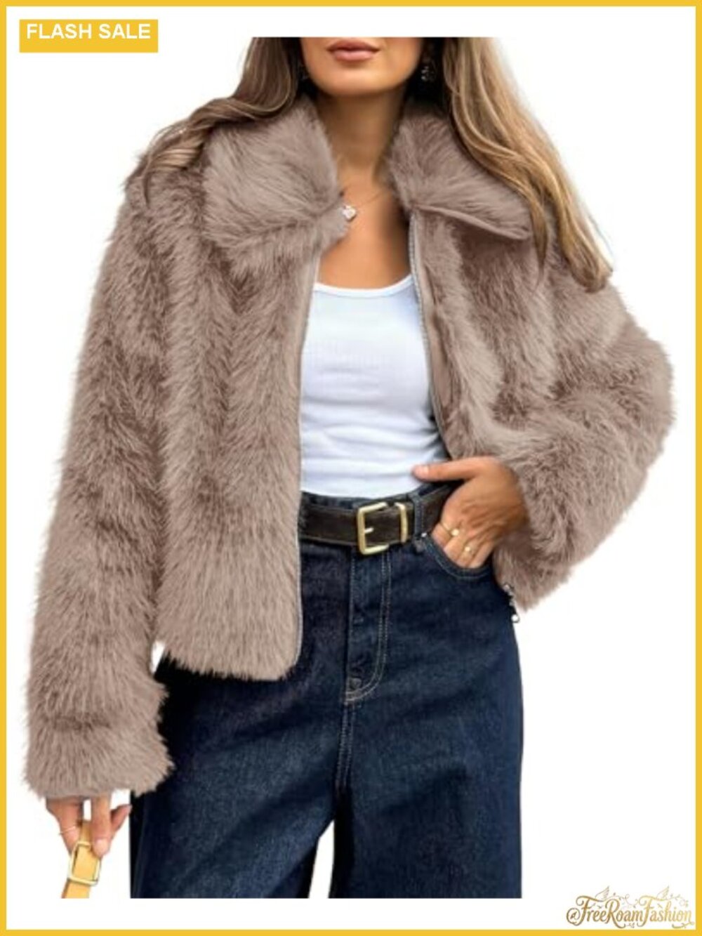 Faux Fur Coat Women Zip Up Lapel Collar Winter Fall Jacket